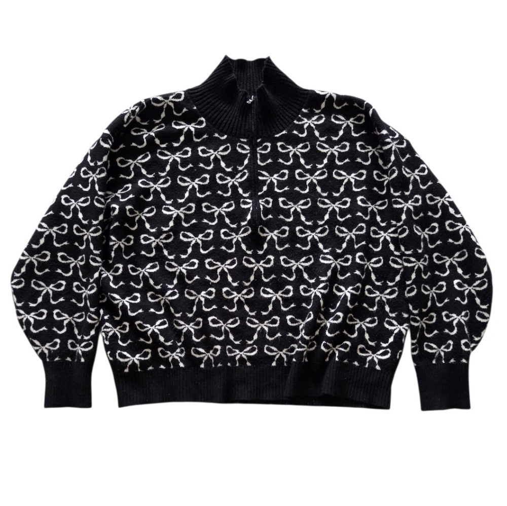 Maeve Anthropologie The Montana Mock-Neck Half-Zip Sweater‎ Black Bow Print Sz M - Picture 2 of 11